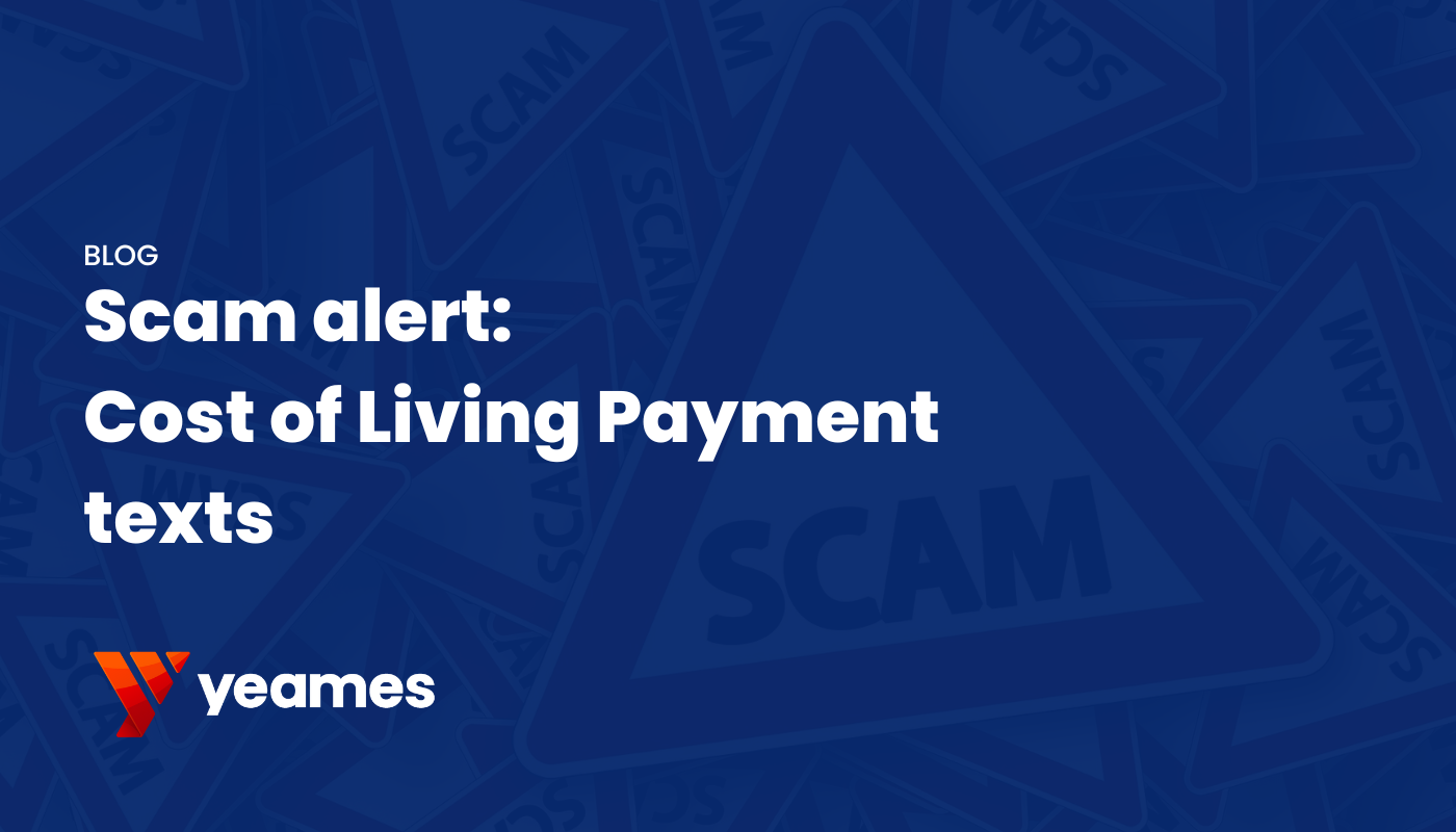 cost of living scam blog image navy with white text and a warning sign background